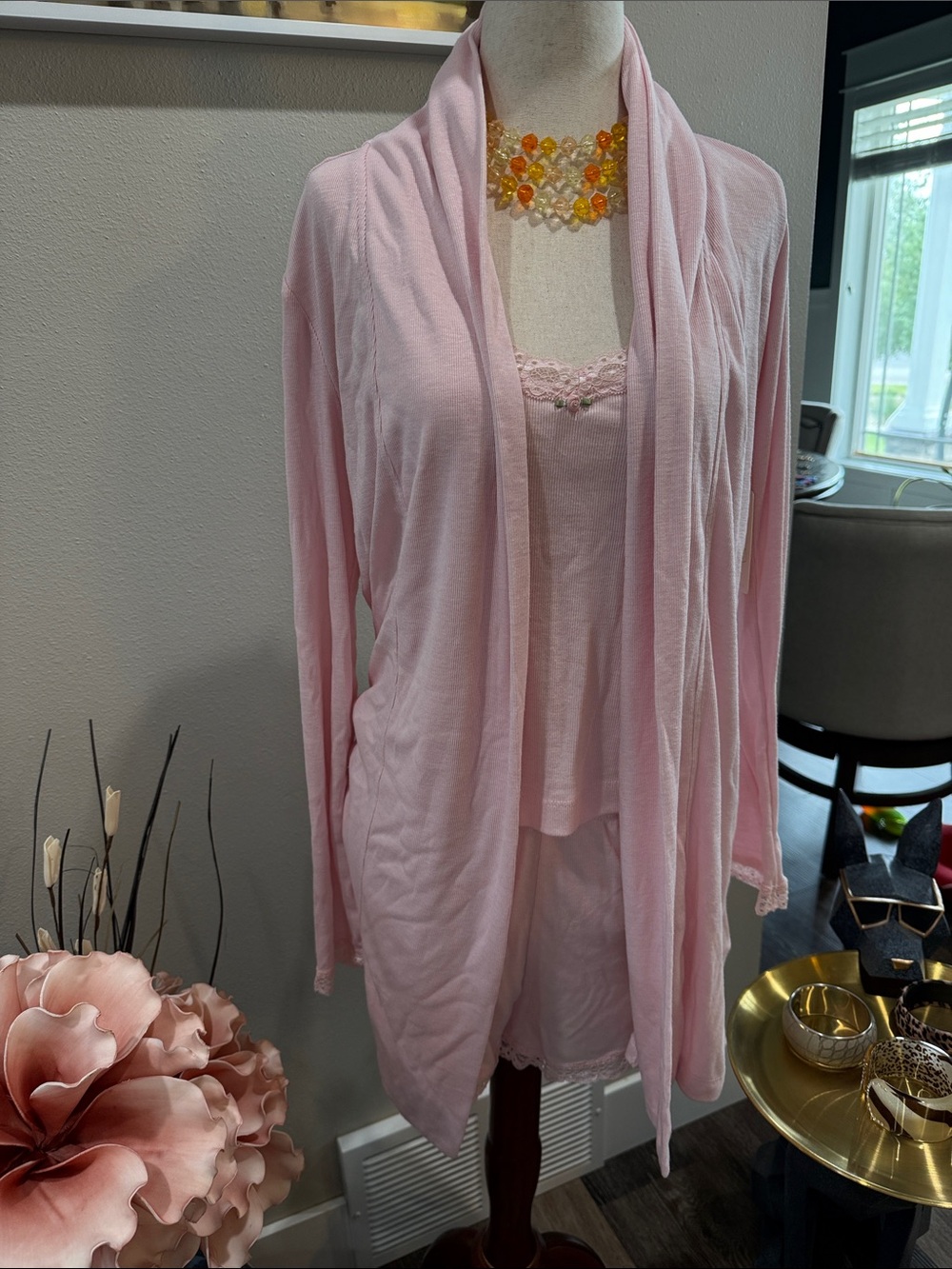 NWT Women’s Soft Pink Loungewear 3 Piece Set - Camisole, Robe and Shorts